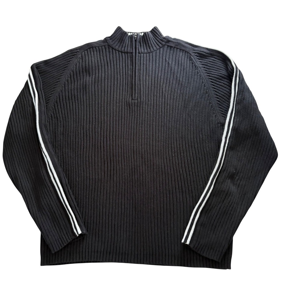 American Rag Mens XL Black Ribbed Quarter Zip Sweater Stripe Sleeve Mock Neck